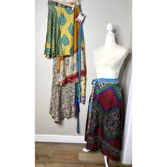 Darn Good Yarn Sari Silk Wrap Skirts Reversible Boho Ankle 4 -12 Lot of 4 Mini - Picture 1 of 16
